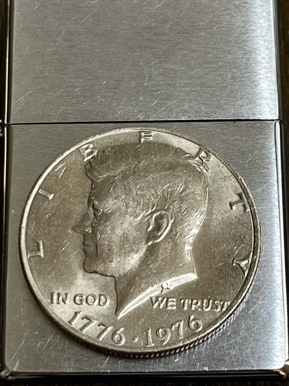 Zippo Lighter: Vintage 70’s Zippo Lighter W/ 1976 Bicentennial Kennedy Half